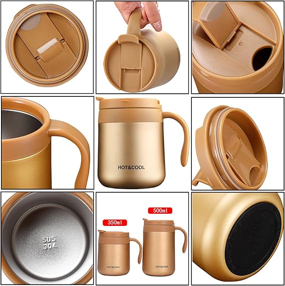 Insulated Coffee Mug with Lid, Double Wall Stainless Steel Thermal Mug for Cold & Hot Drinks, Stainless Steel Reusable Coffee Cup (350ML)